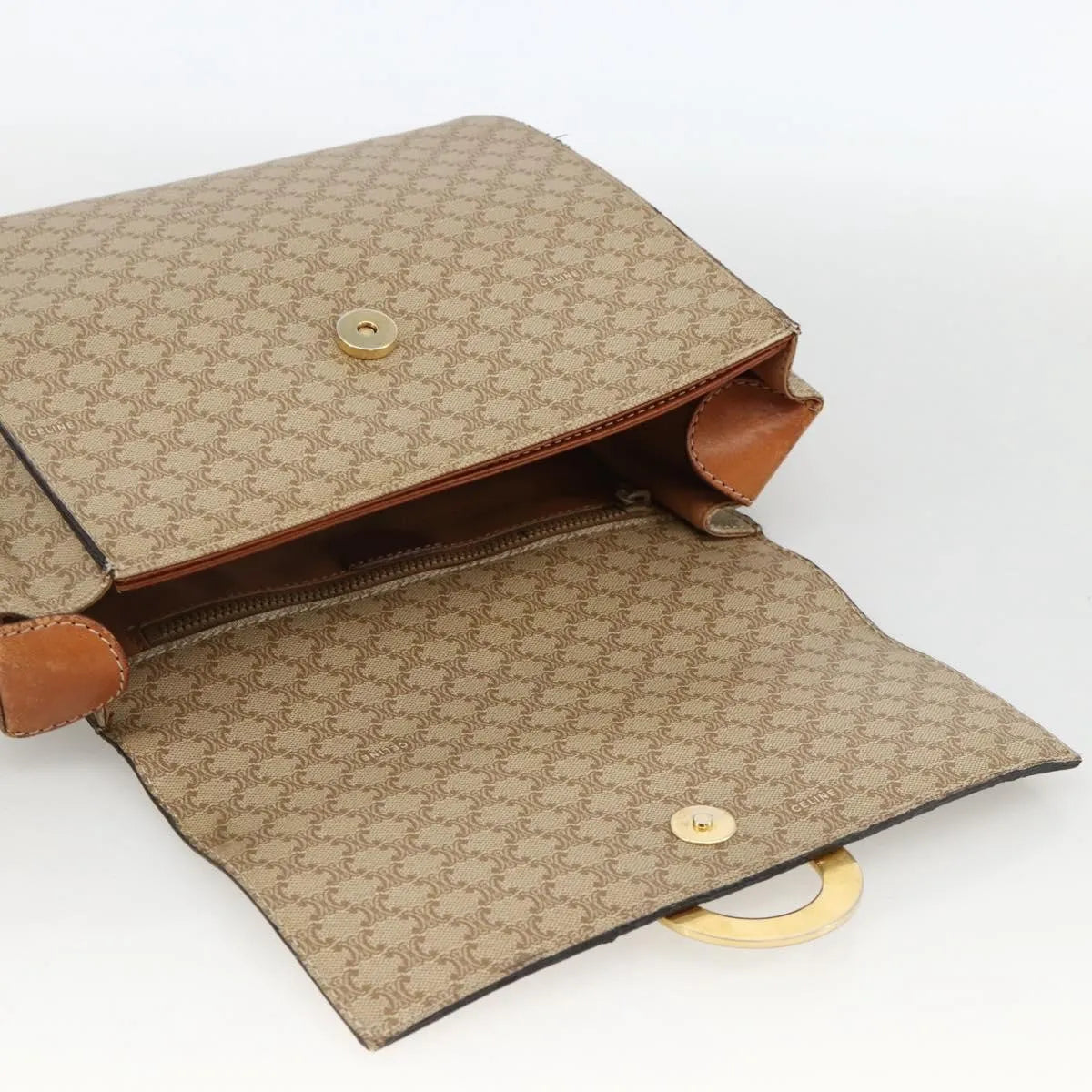 Celine Vintage Macadam Circle Logo Canvas And Leather Beige Canvas Shoulder Bag Bag (Pre-Owned)