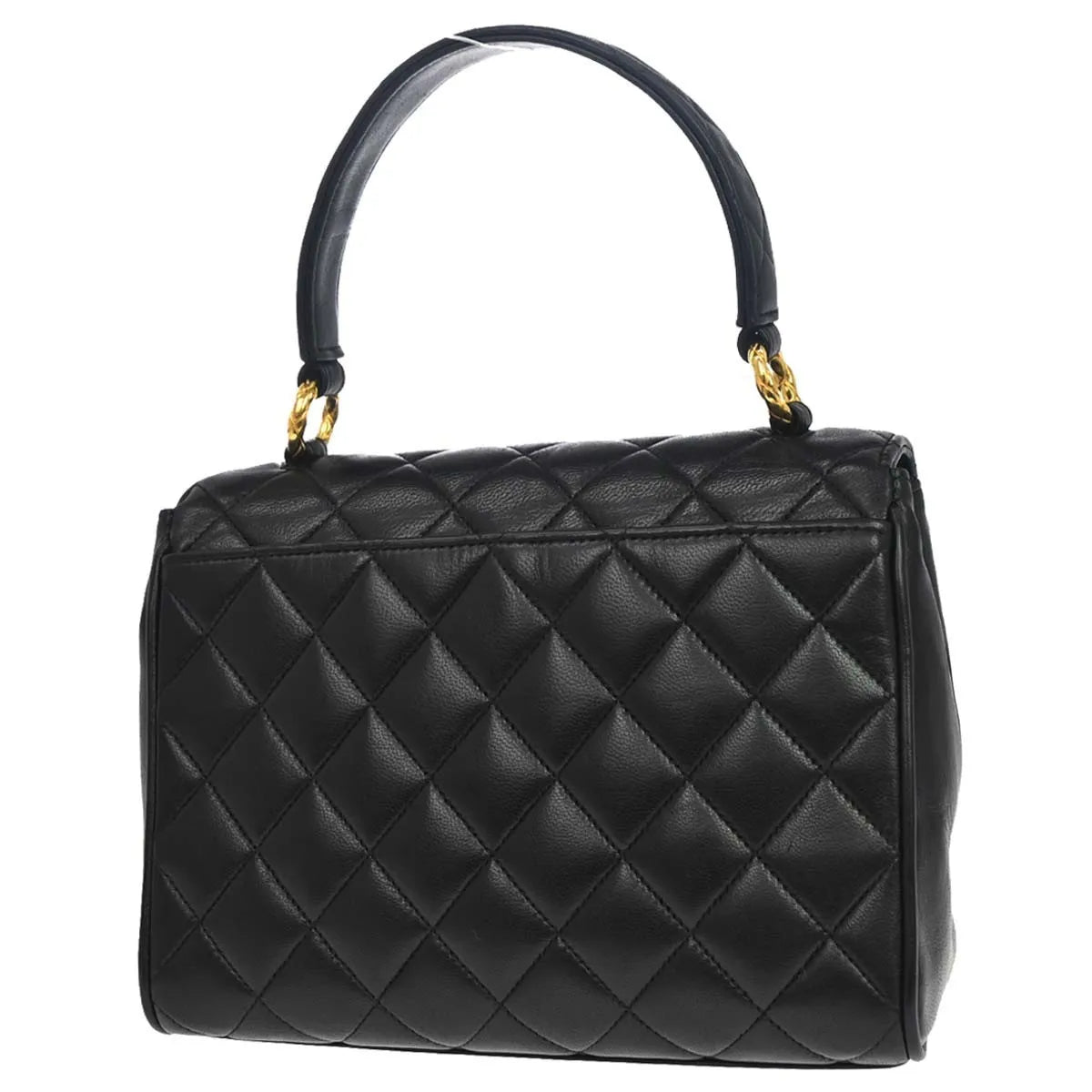 Chanel Vintage Top Handle Flap Quilted Lambskin Black Calfskin Handbag (Pre-Owned)