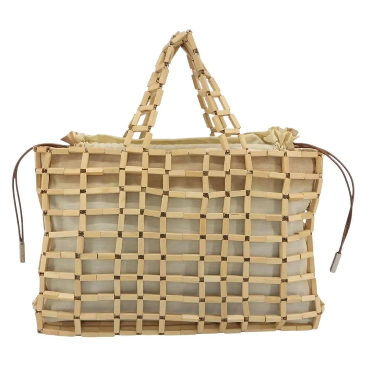 Salvatore Ferragamo Wood Mesh Drawstring Canvas Beige Canvas Handbag (Pre-Owned)