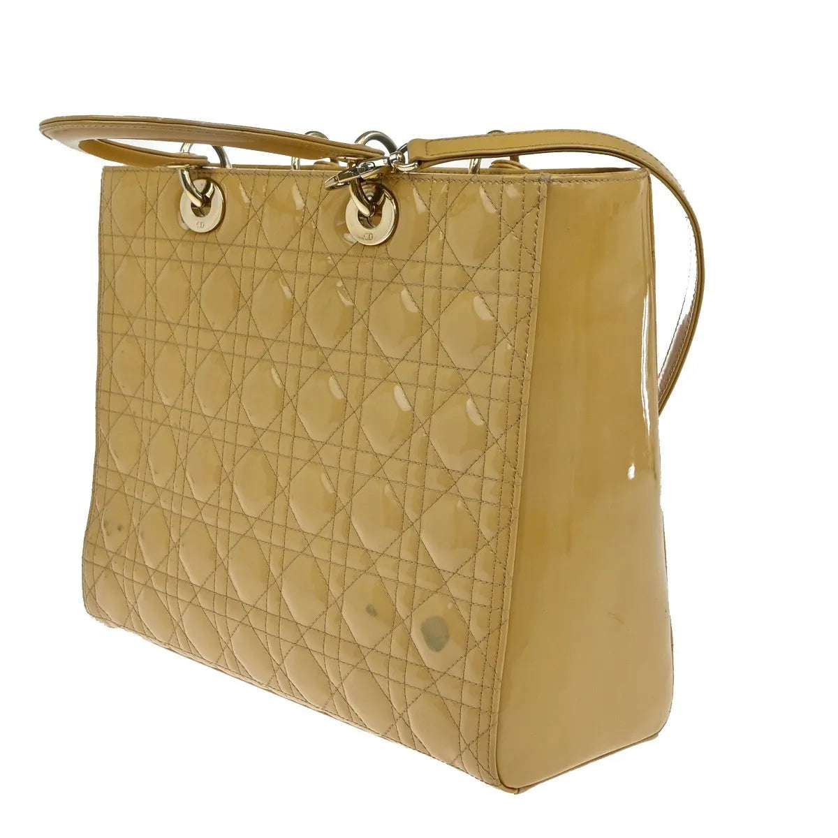 Christian Dior Lady Dior Cannage Quilt Patent Yellow Patent_Leather Handbag (Pre-Owned)