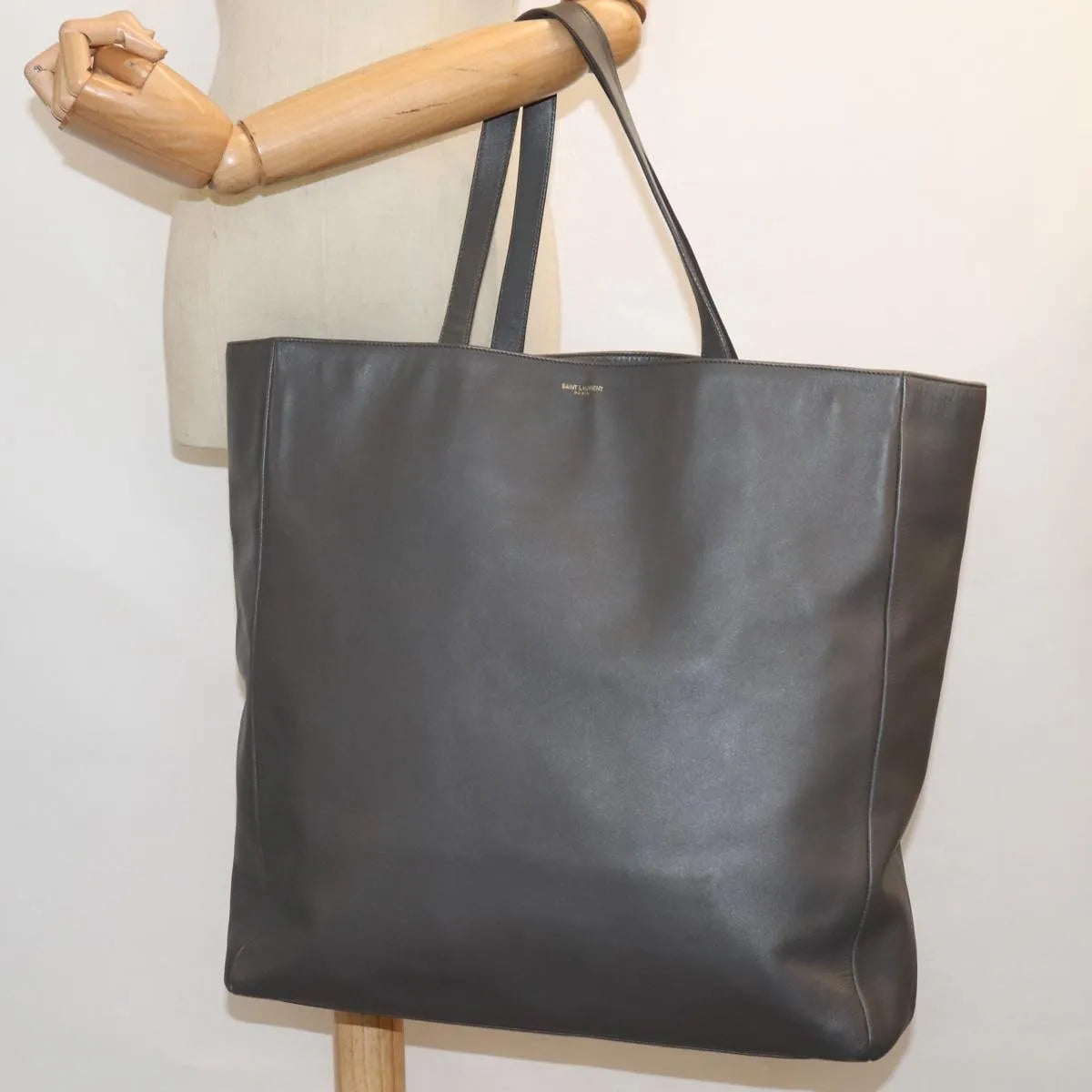 Saint Laurent Reversible North South Shopper Tote Leather Gray Leather Tote Bag Bag (Pre-Owned)