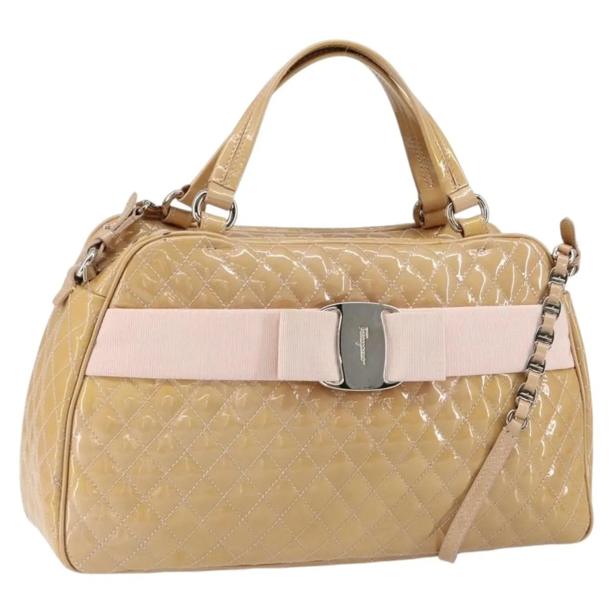 Salvatore Ferragamo Vala Patent Leather Beige Patent_Leather Handbag (Pre-Owned)