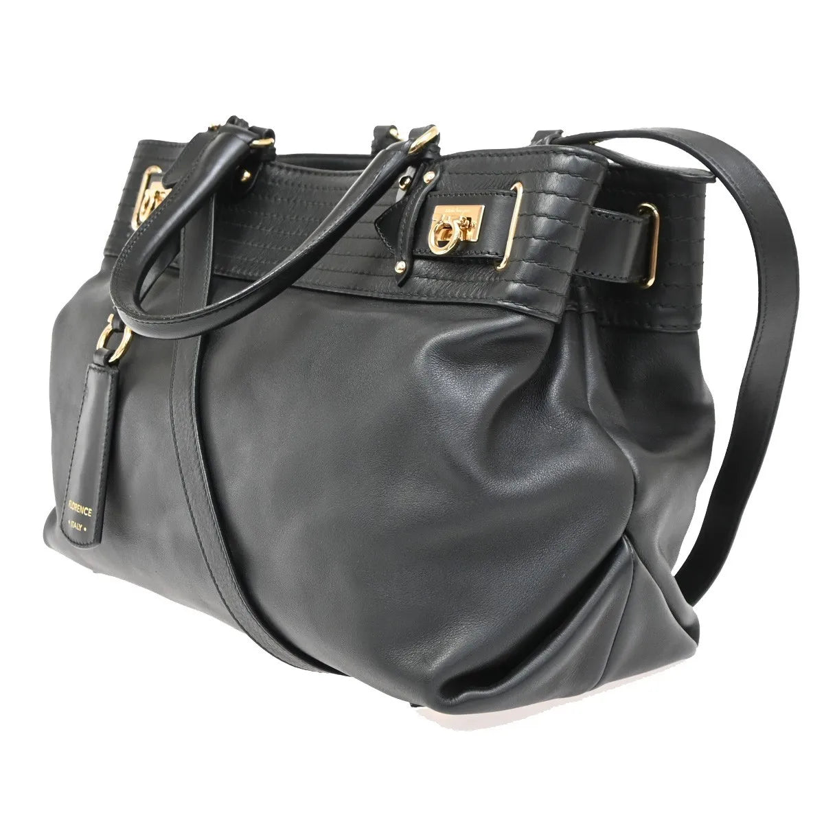 Salvatore Ferragamo Gancini Tote Leather Black Leather Tote Bag Bag (Pre-Owned)