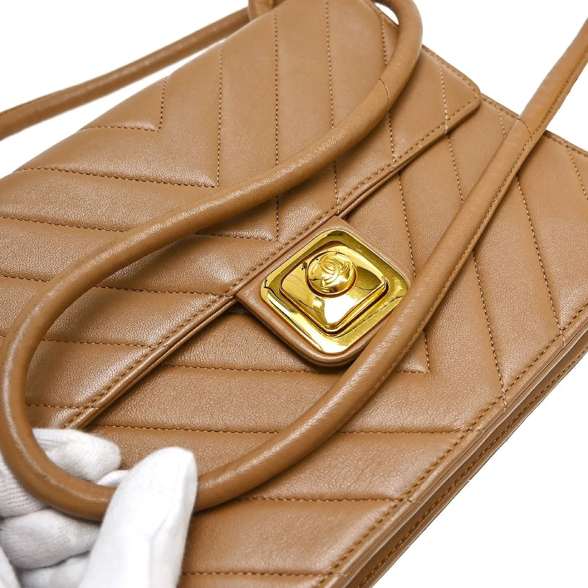 Chanel Vintage Push Lock Flap Chevron Lambskin Brown Leather Shoulder Bag Bag (Pre-Owned)
