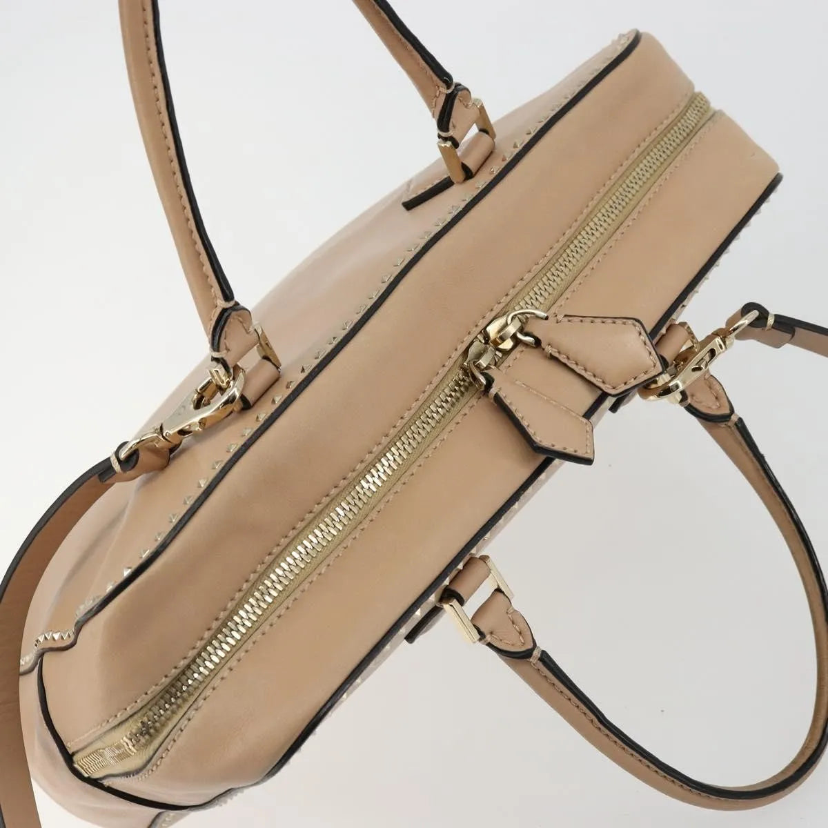 Valentino Garavani Convertible Zip Satchel Leather With Micro Rockstuds Beige Leather Handbag (Pre-Owned)