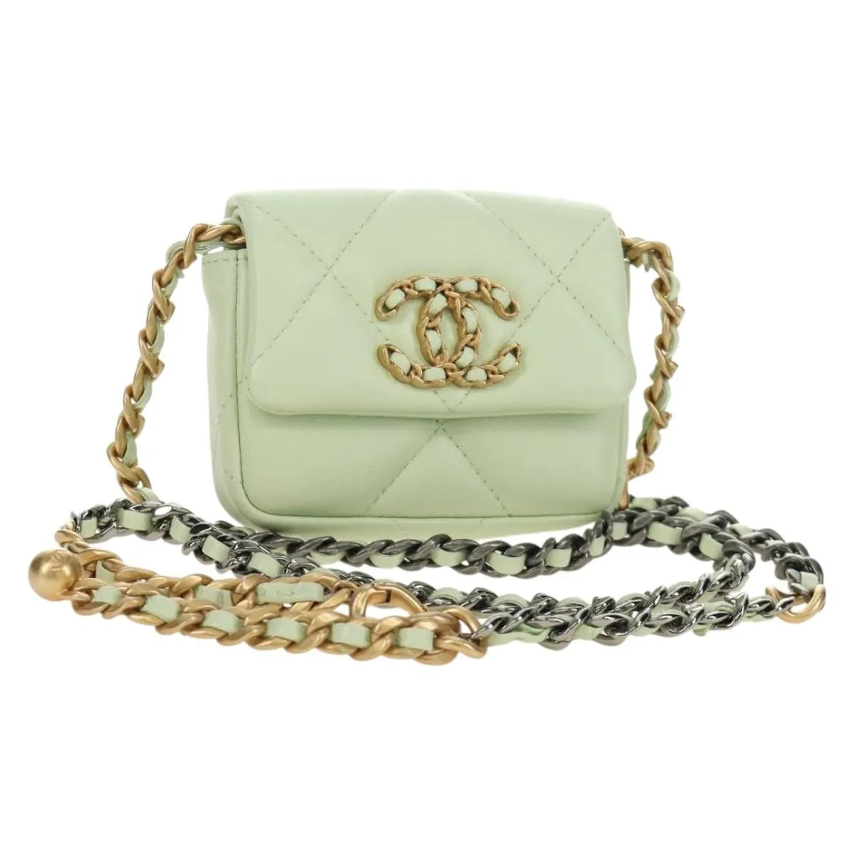 Chanel 19 Convertible Flap Coin Purse With Chain Quilted Lambskin Green Leather Shoulder Bag Bag (Pre-Owned)