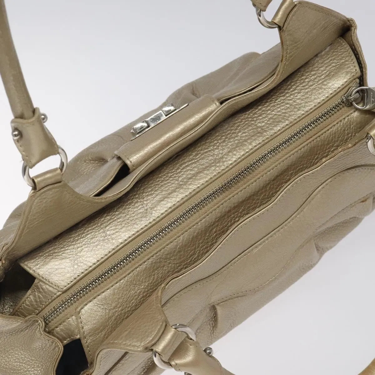 Salvatore Ferragamo Gancini Zip Tote Leather Gold Leather Handbag (Pre-Owned)