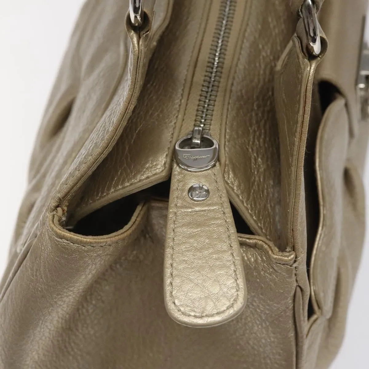 Salvatore Ferragamo Gancini Zip Tote Leather Gold Leather Handbag (Pre-Owned)