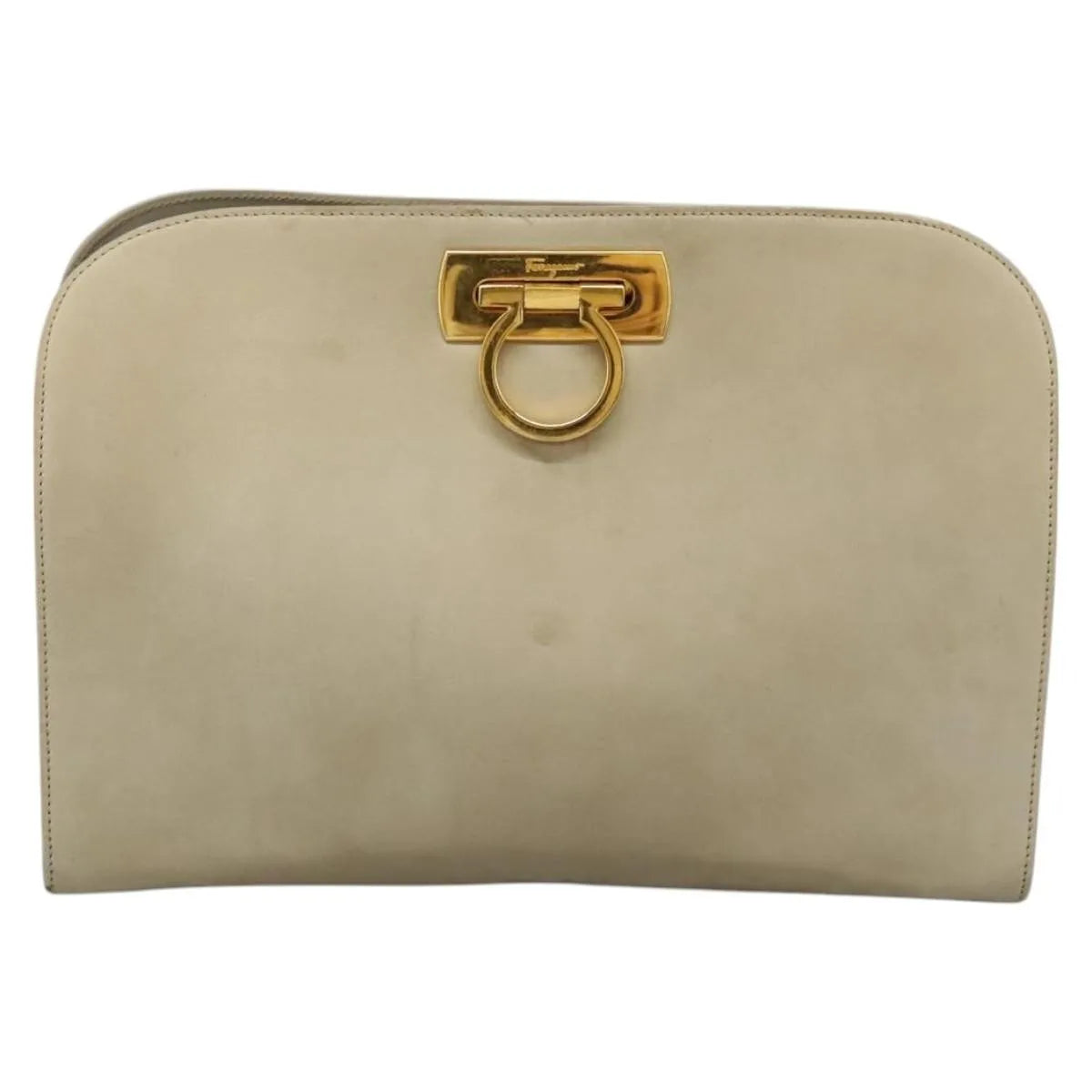 Salvatore Ferragamo Gancini Chain Leather Beige Suede Shoulder Bag Bag (Pre-Owned)