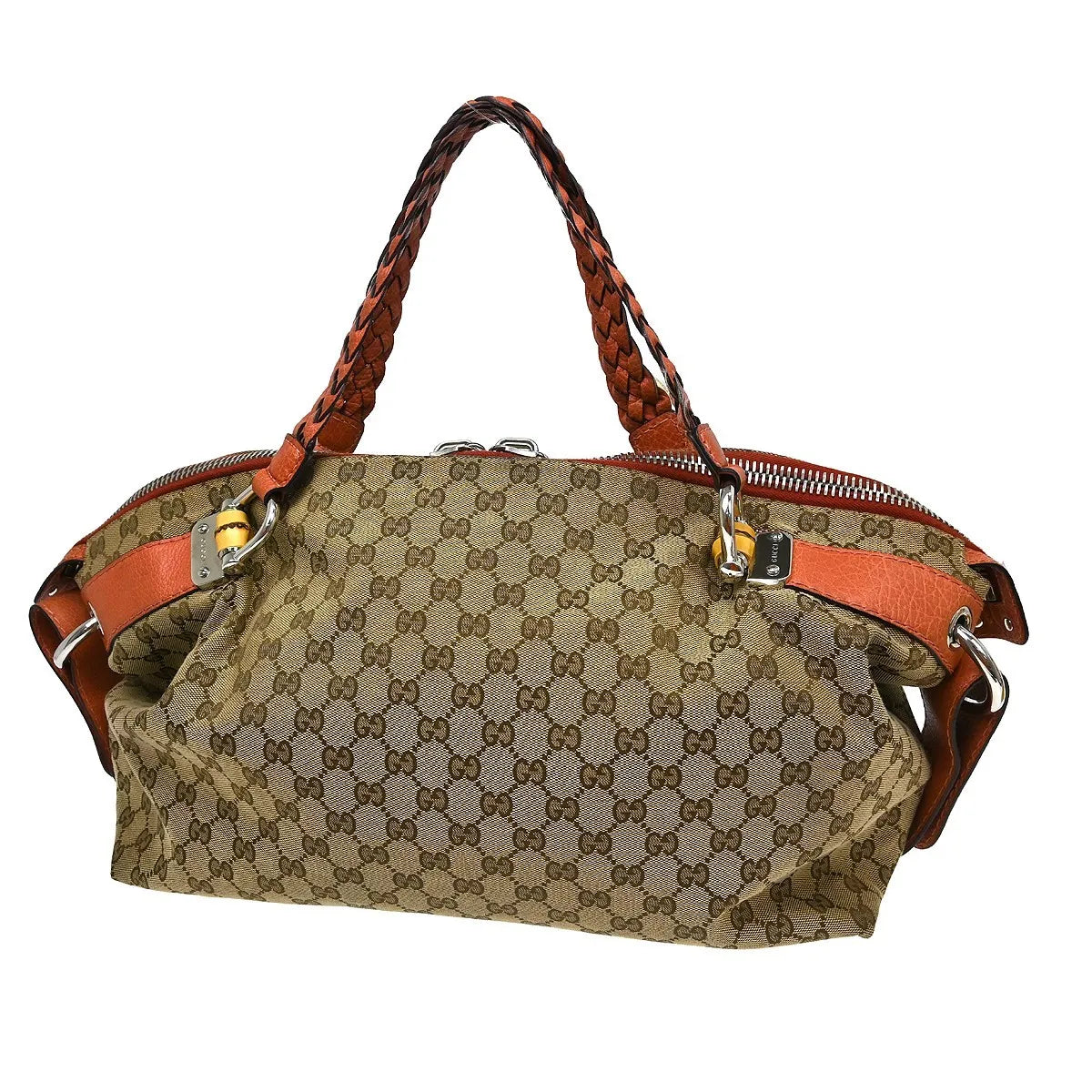 Gucci Bamboo Boston Horsebit Canvas With Leather Beige Canvas Handbag (Pre-Owned)