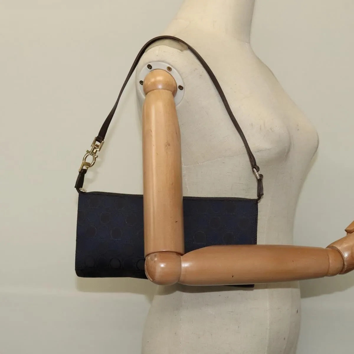 Salvatore Ferragamo Gancini Canvas Navy Canvas Handbag (Pre-Owned)