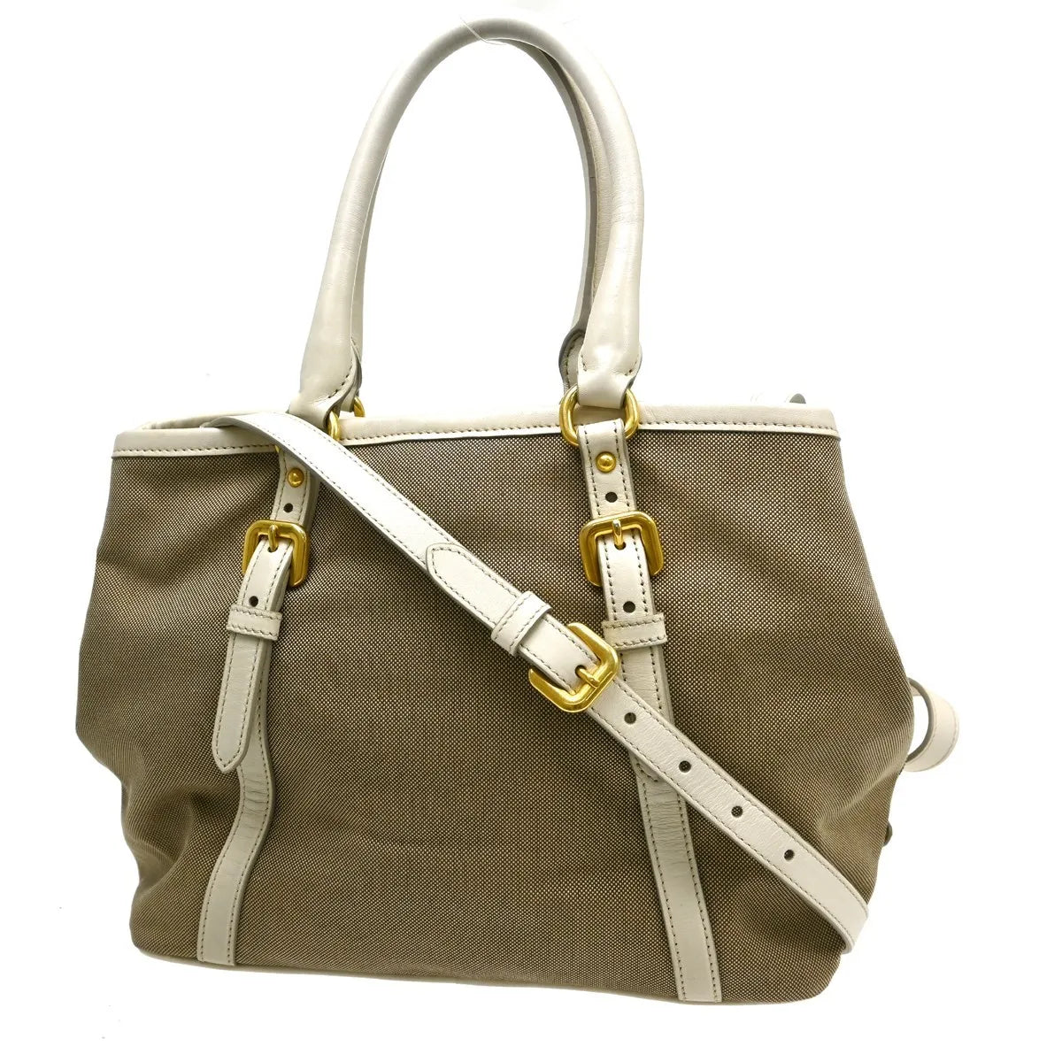 Prada Open Tote Canvas With Leather Beige Canvas Handbag (Pre-Owned)