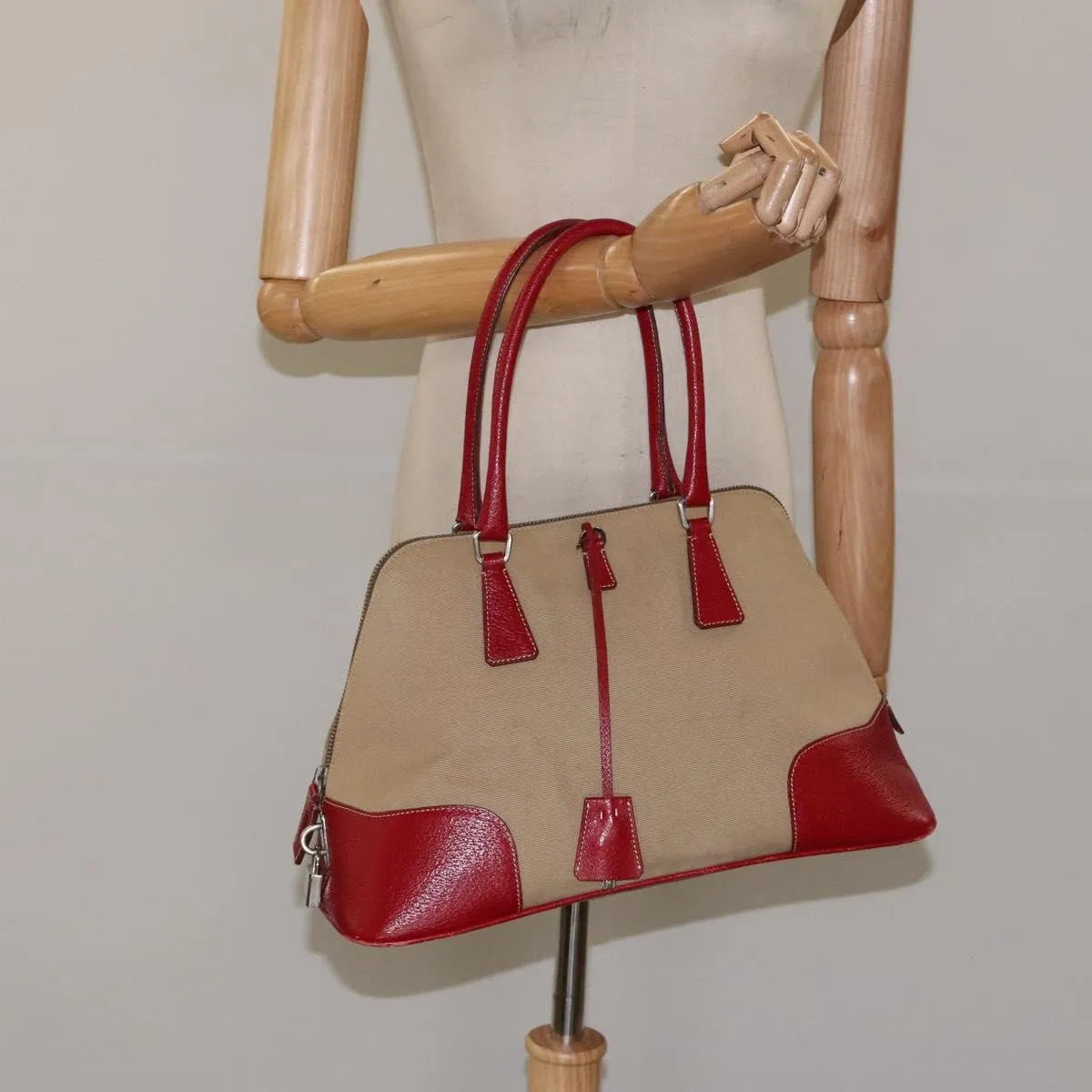 Prada Promenade Tote Canvas And Leather Beige Canvas Shoulder Bag Bag (Pre-Owned)