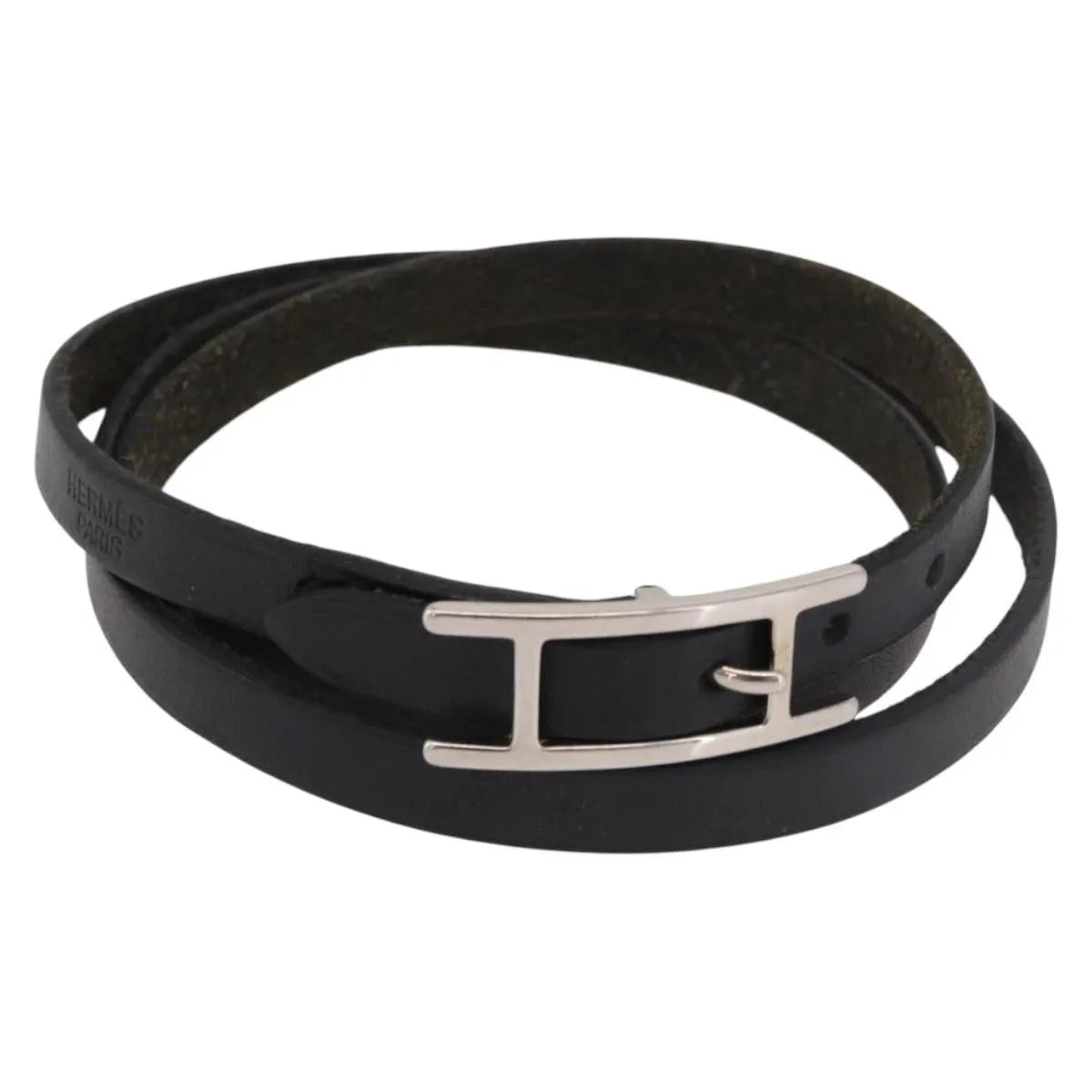 Hermes Hapi 3 Leather With Metal Black Leather Bracelet Jewelry (Pre-Owned)