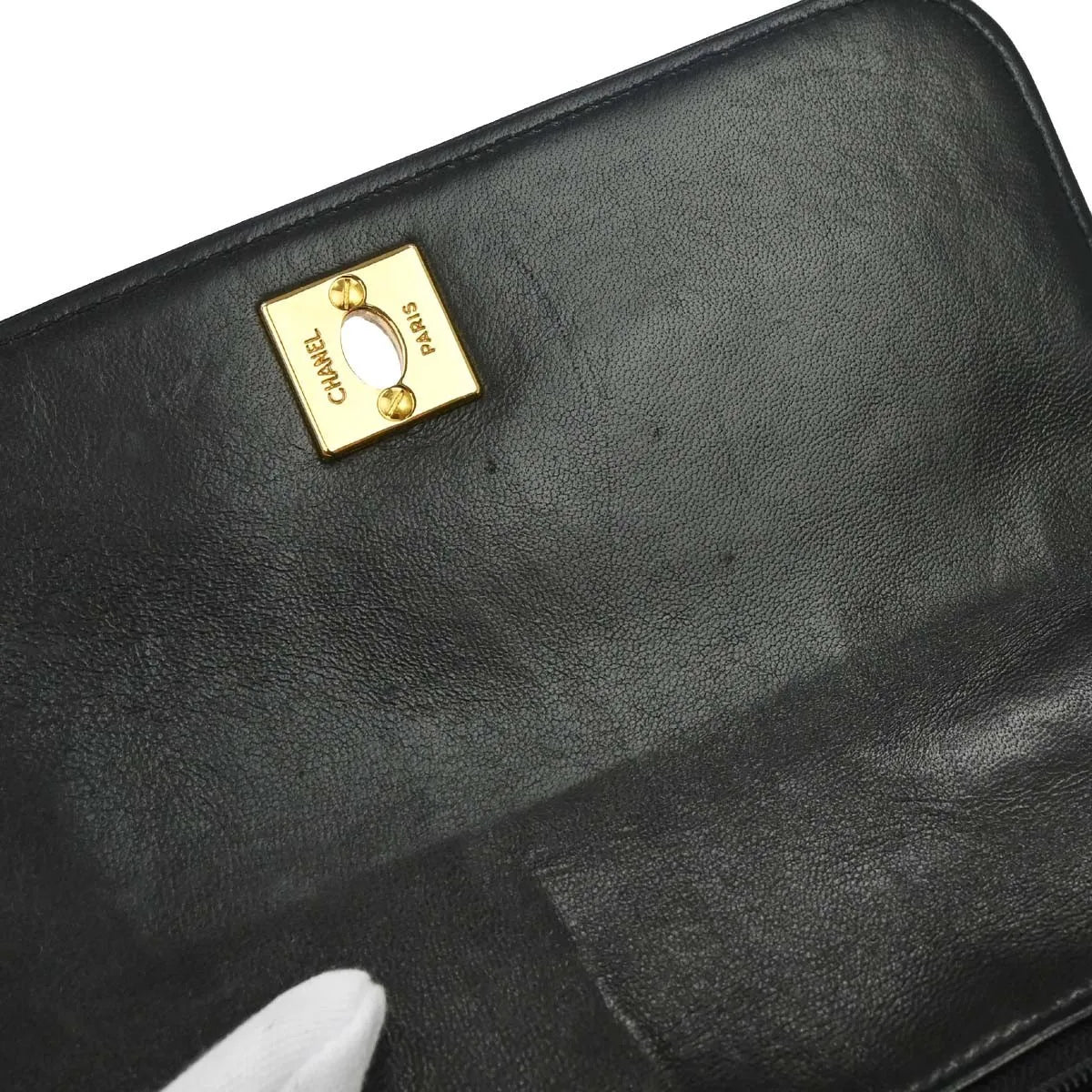 Chanel Vintage Top Handle Flap Quilted Lambskin Black Calfskin Handbag (Pre-Owned)