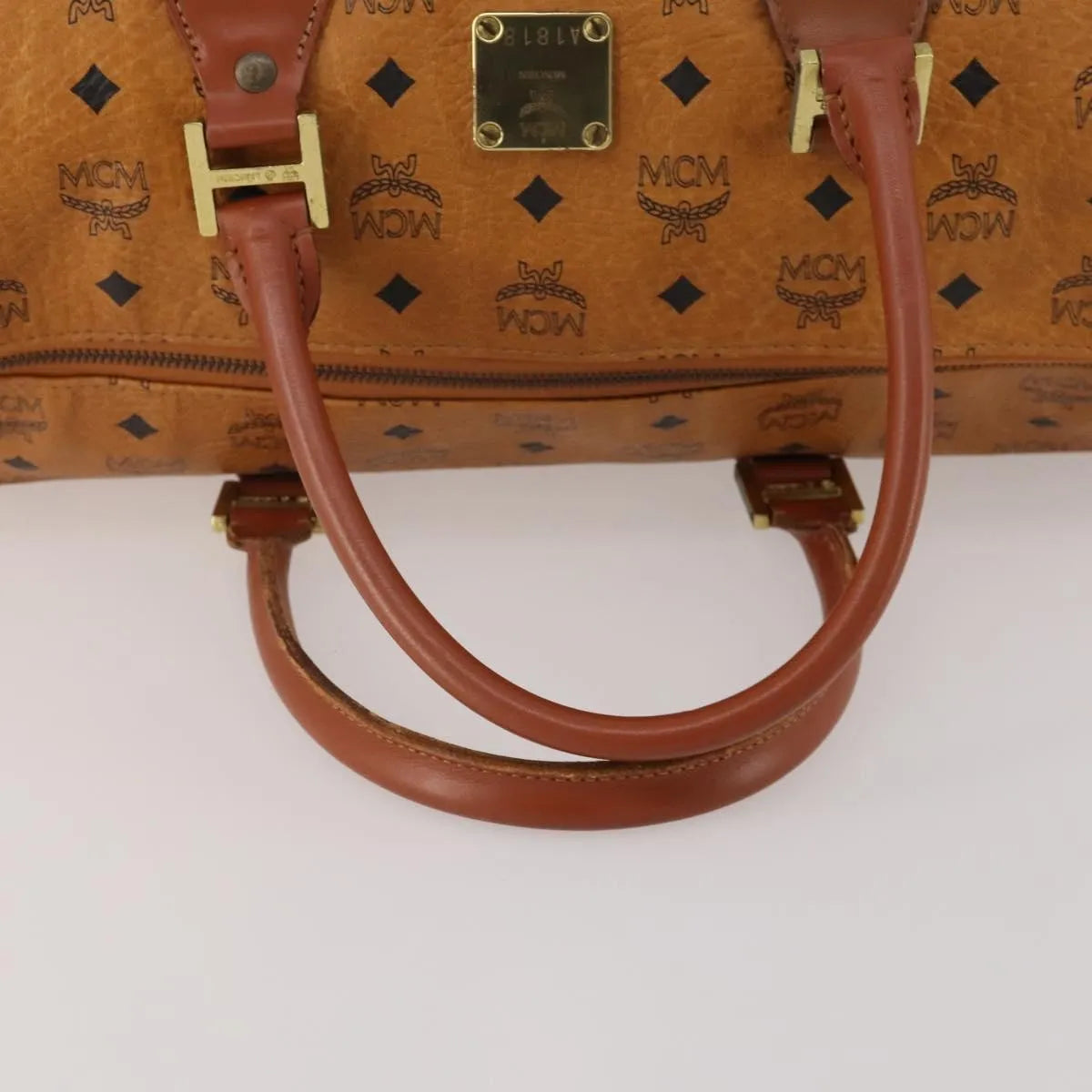 MCM Vicetos Logogram Boston Brown Leather Travel Bag Bag (Pre-Owned)