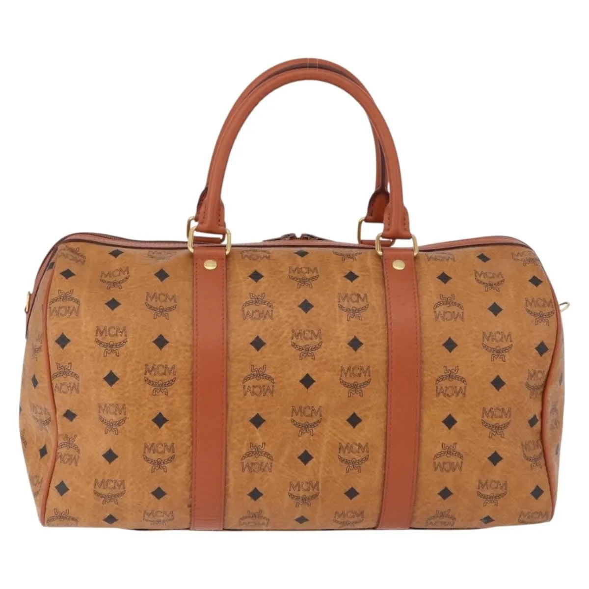 MCM Vicetos Logogram Boston Brown Leather Travel Bag Bag (Pre-Owned)