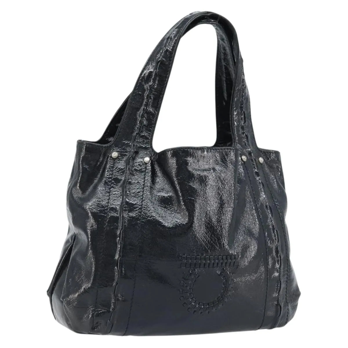 Salvatore Ferragamo Gancini Handle Tote Leather Black Leather Handbag (Pre-Owned)