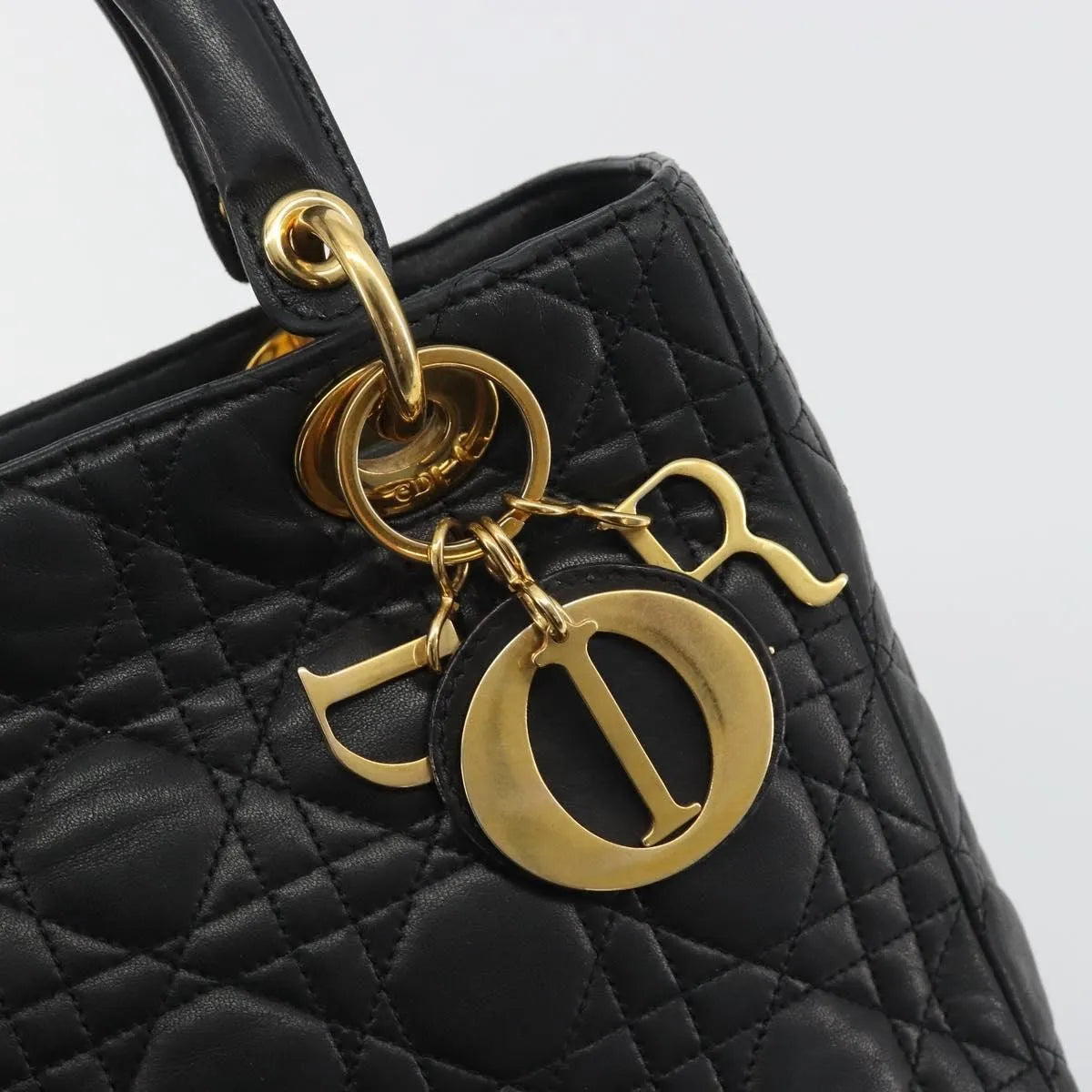 Christian Dior Vintage Lady Dior Cannage Quilt Lambskin Black Leather Handbag (Pre-Owned)