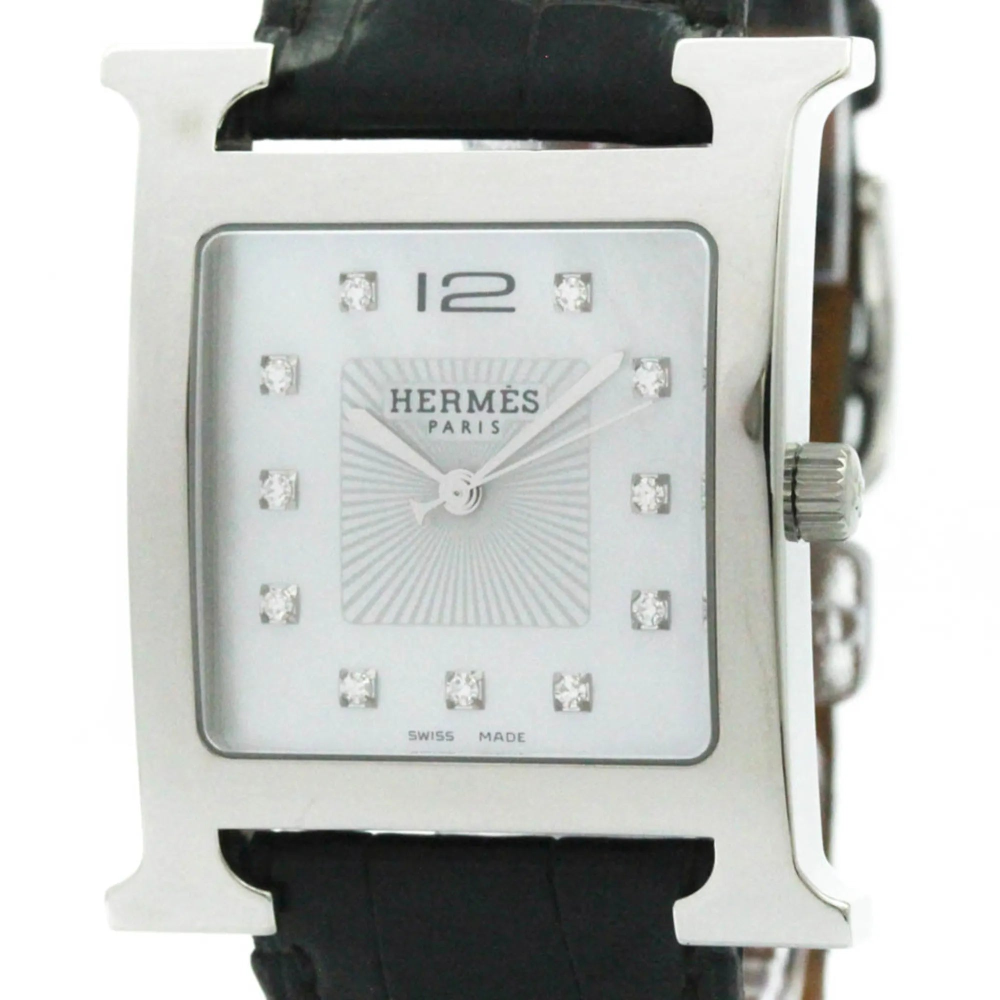 Hermes Heure H Quartz Stainless Steel And Alligator With Diamond Markers And Mother Of Pearl Watch (Pre-Owned)
