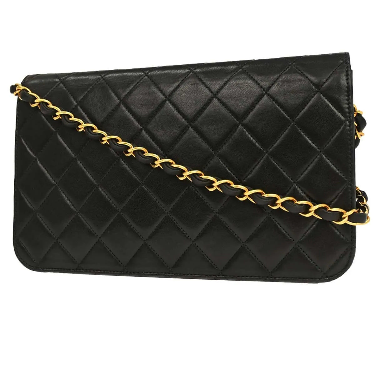 Chanel Vintage Full Flap Quilted Lambskin Black Leather Shoulder Bag Bag (Pre-Owned)