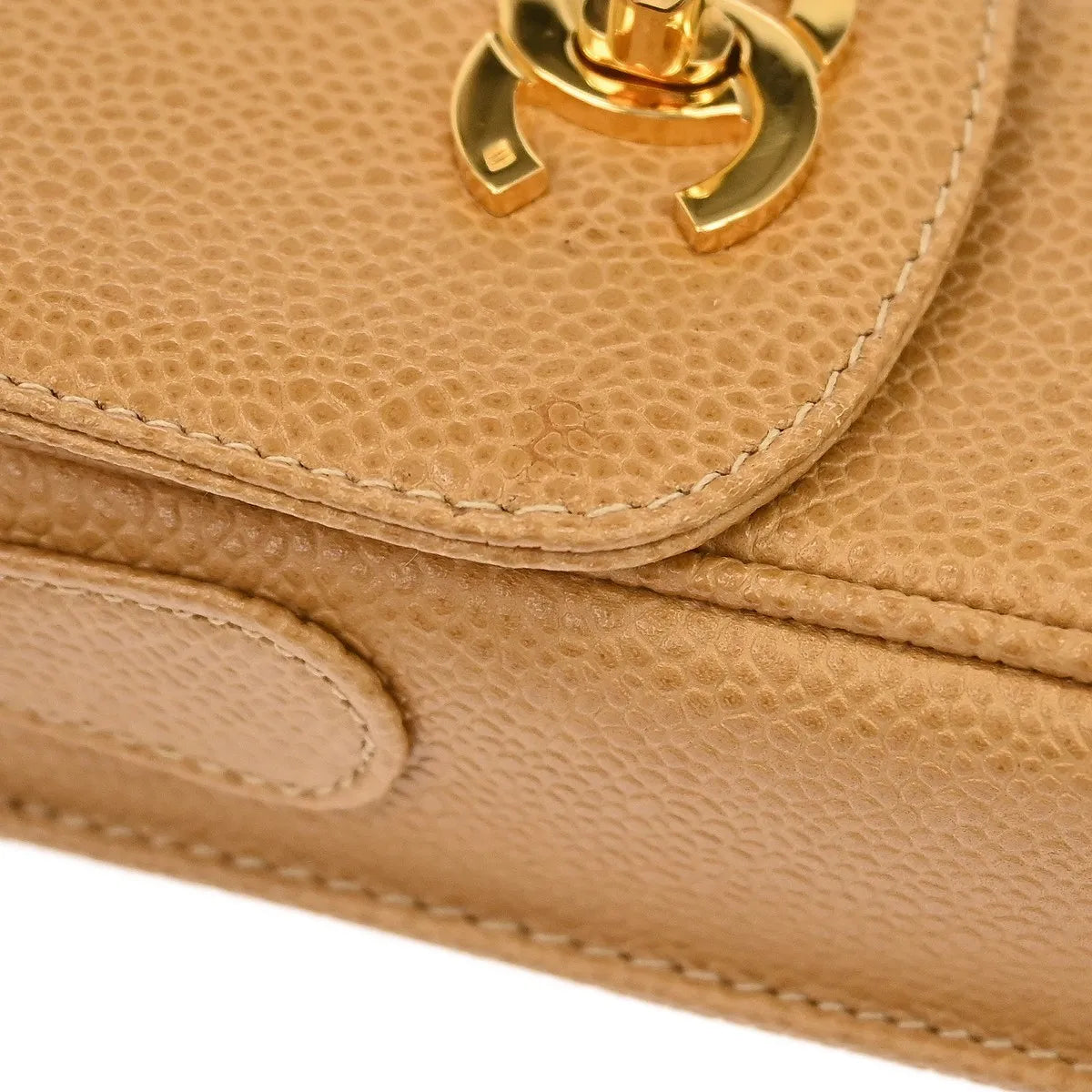 Chanel Vintage Cc Phone Holder Caviar Beige Leather Clutche & Pouche Bag (Pre-Owned)