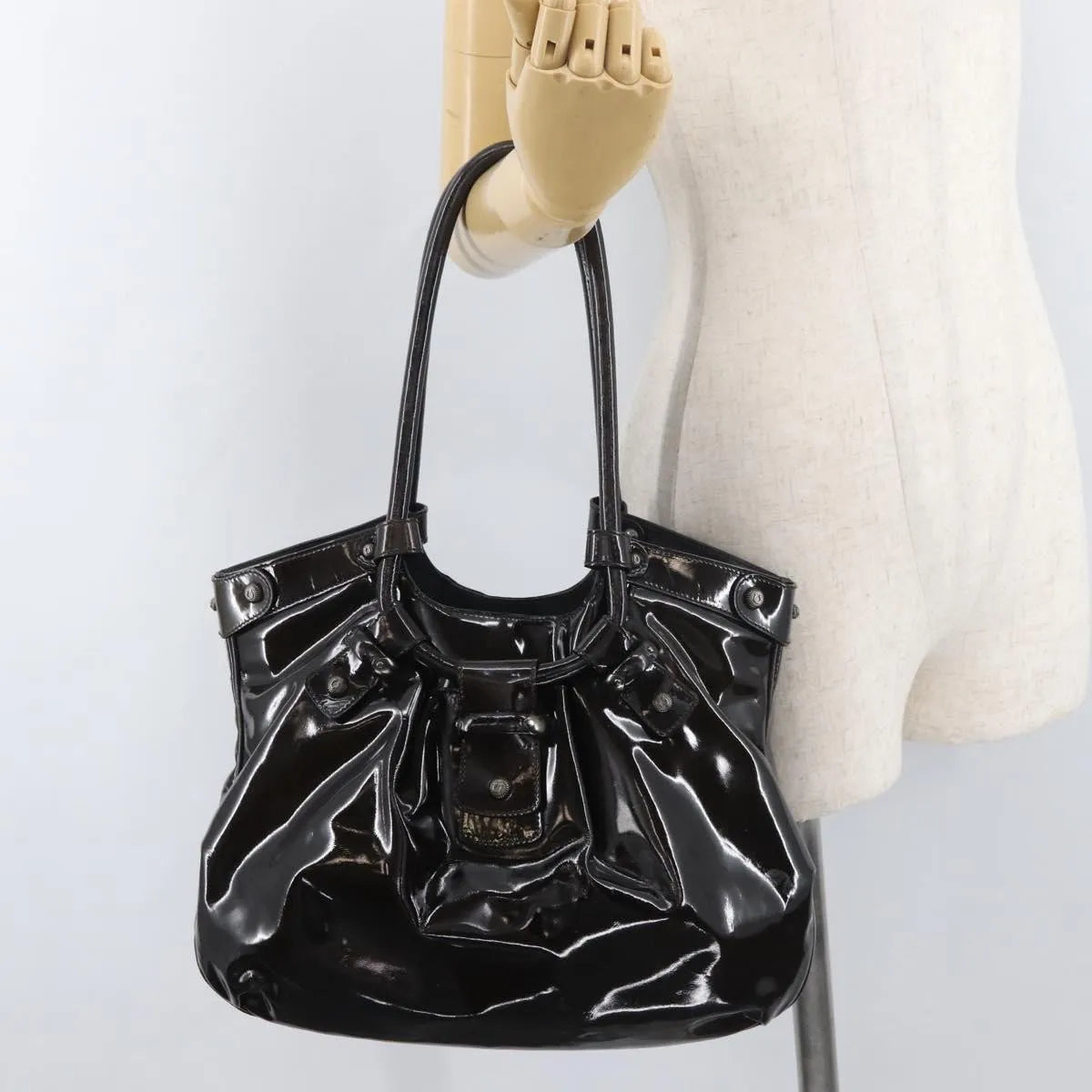 Salvatore Ferragamo Gancini Patent Leather Brown Patent_Leather Handbag (Pre-Owned)