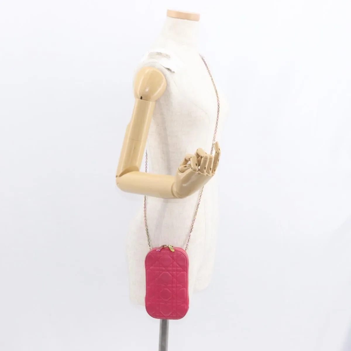 Christian Dior Lady Dior Phone Holder On Chain Cannage Quilt Lambskin Pink Leather Clutche & Pouche Bag (Pre-Owned)