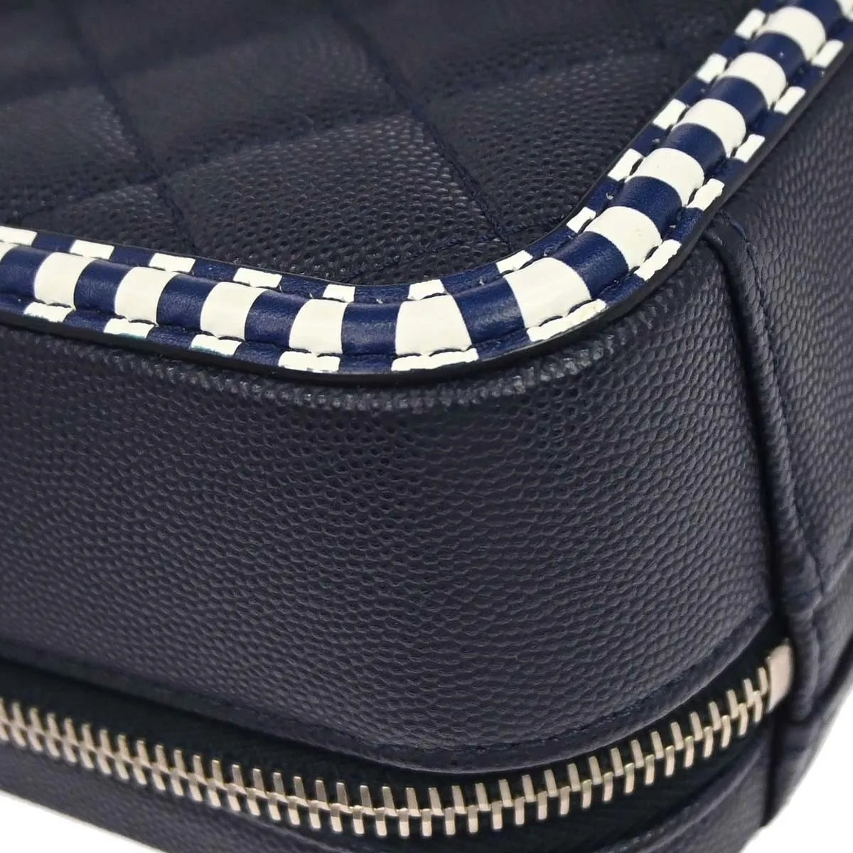 Chanel Filigree Vanity Case Quilted Caviar With Striped Leather Navy Leather Clutche & Pouche Bag (Pre-Owned)