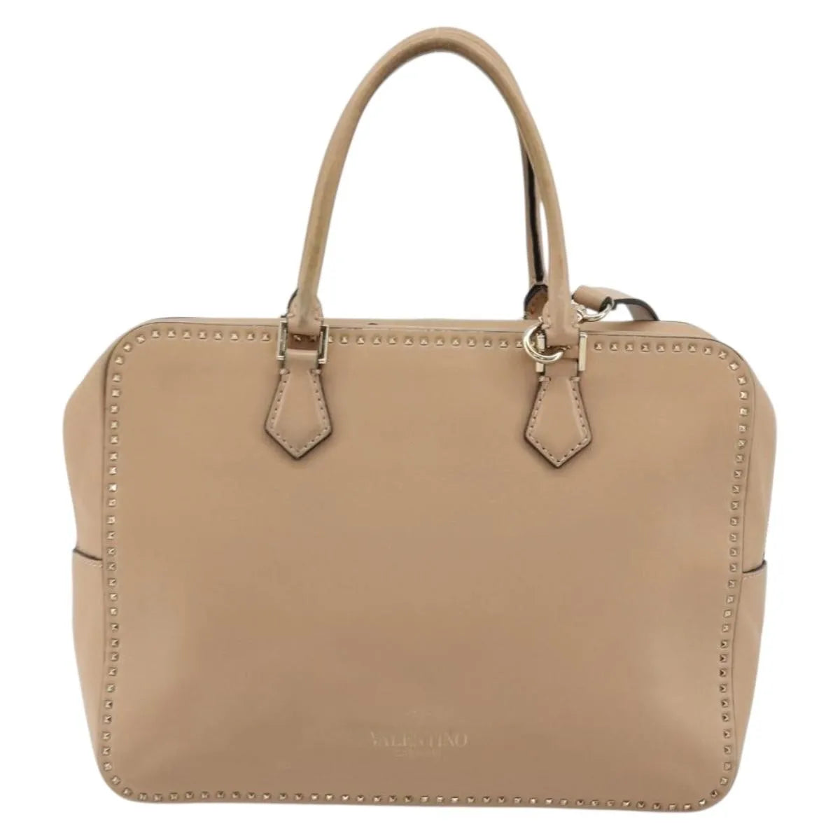Valentino Garavani Convertible Zip Satchel Leather With Micro Rockstuds Beige Leather Handbag (Pre-Owned)