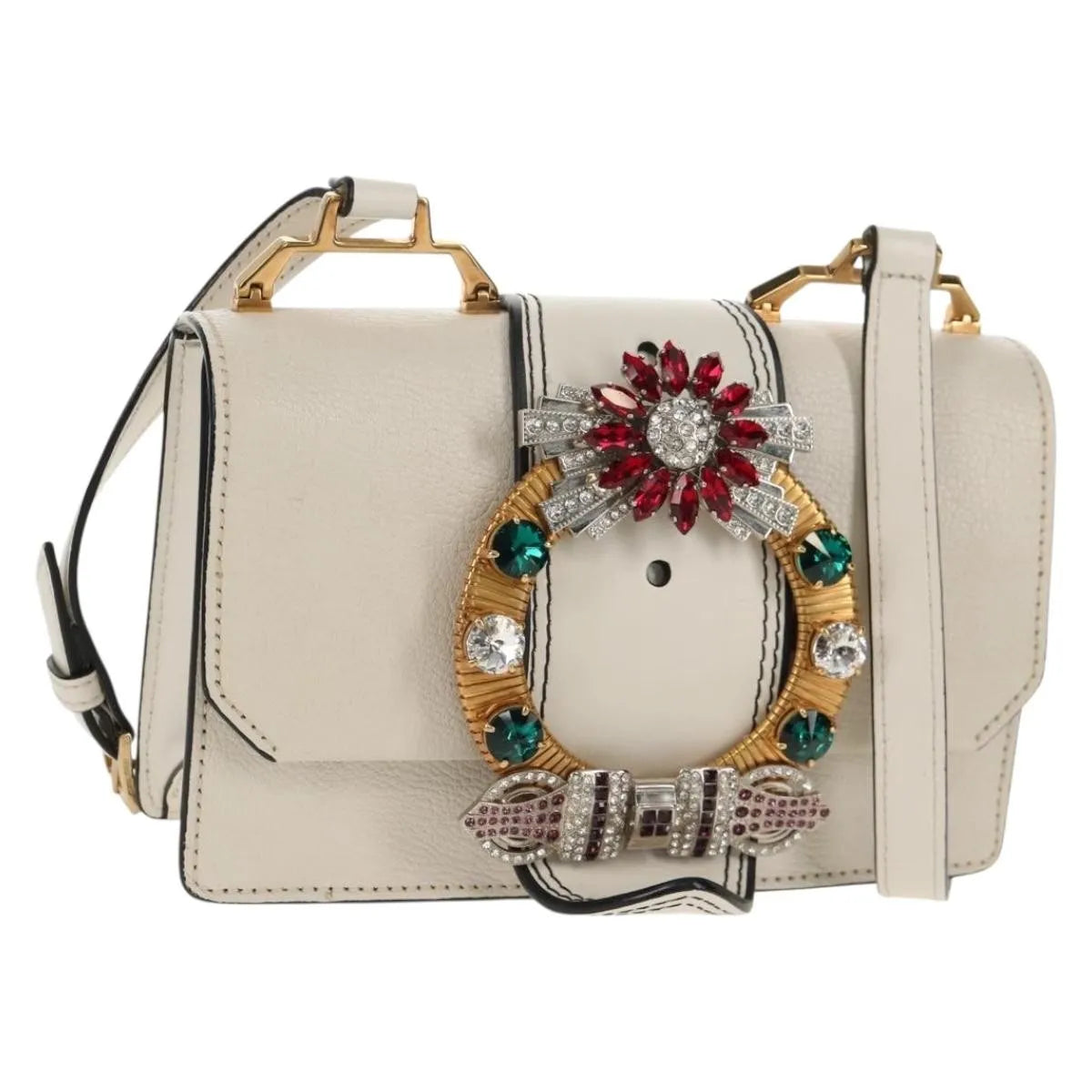 Miu Miu Madras Crystal Buckle Leather White Leather Shoulder Bag Bag (Pre-Owned)