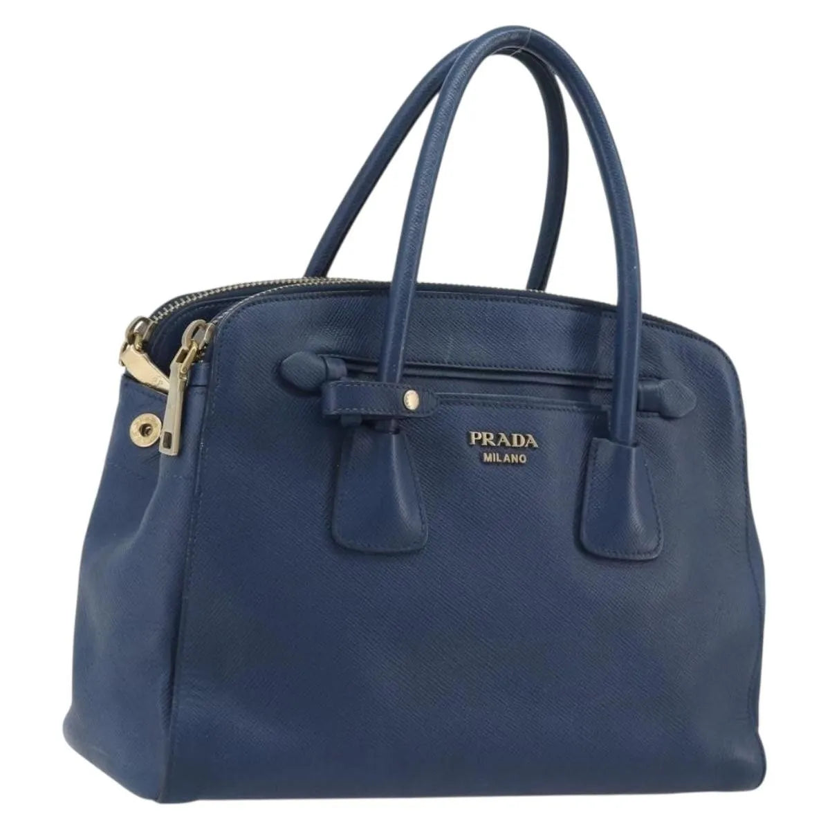 Prada Cuir Frame Double Zip Tote Saffiano Leather Blue Leather Tote Bag Bag (Pre-Owned)