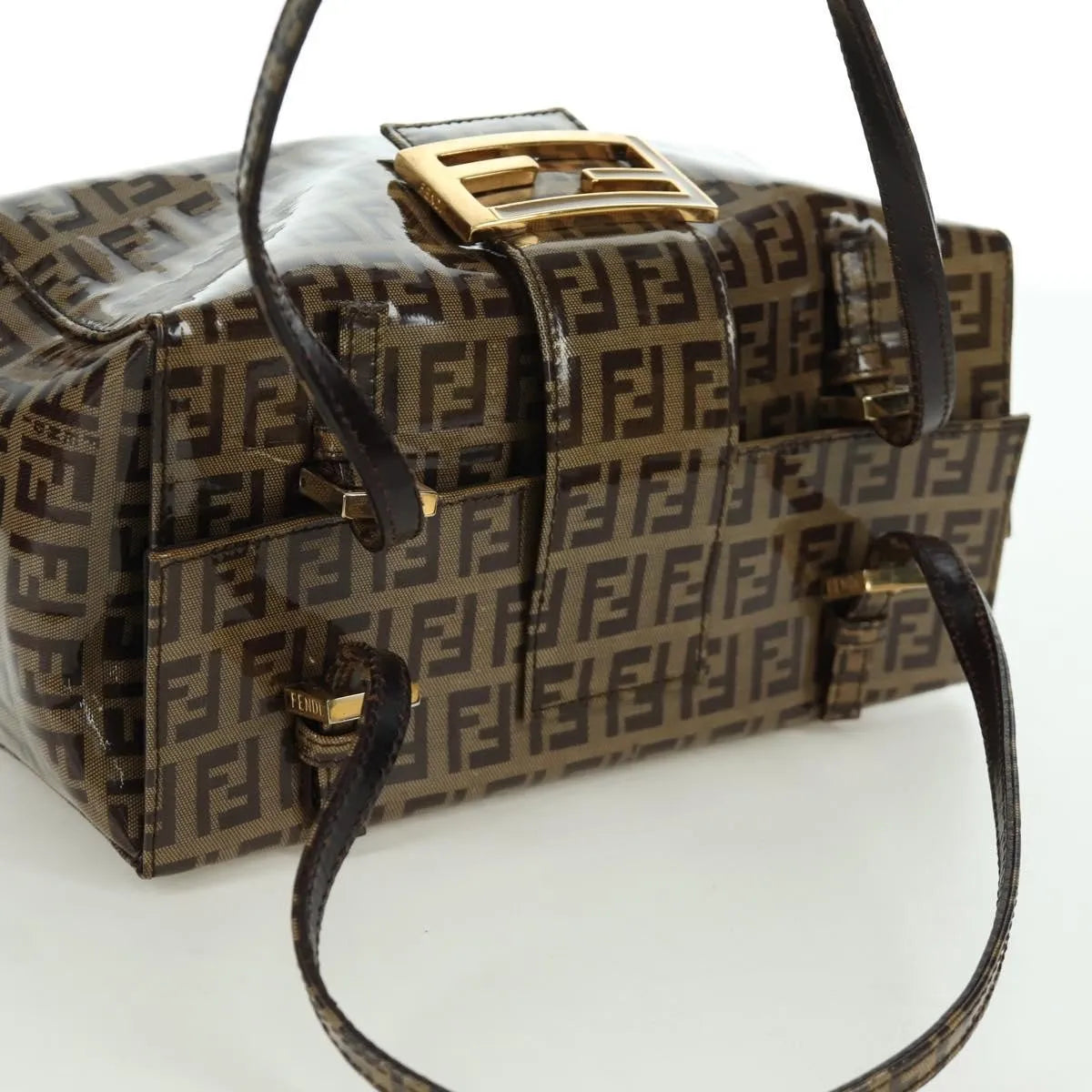Fendi Mamma Baguette Zucca Patent Leather Brown Canvas Shoulder Bag Bag (Pre-Owned)