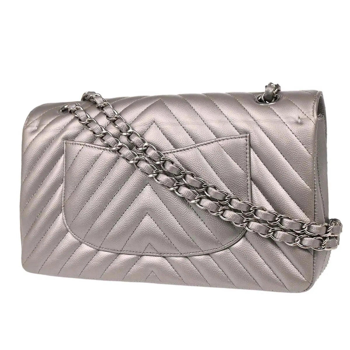 Chanel Timeless - Classic Double Flap Leather Silver Calfskin Shoulder Bag Bag (Pre-Owned)
