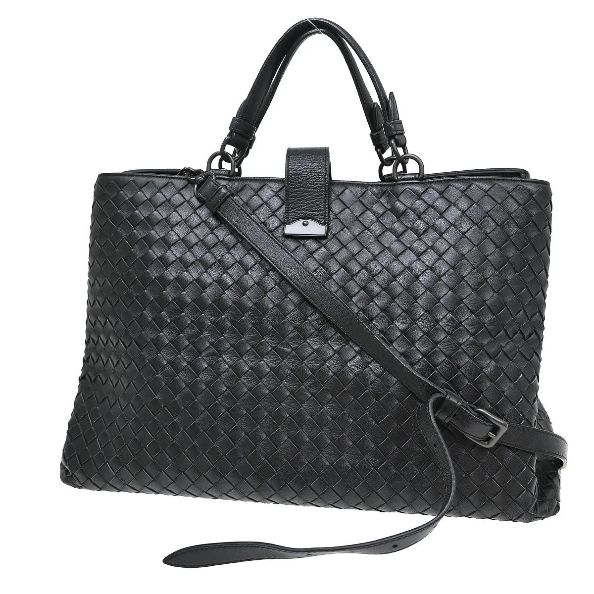 Bottega Veneta Roma Intrecciato Nappa Black Leather Handbag (Pre-Owned)