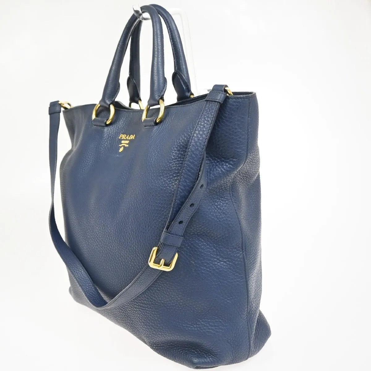 Prada Shopping Tote Vitello Daino Navy Leather Tote Bag Bag (Pre-Owned)