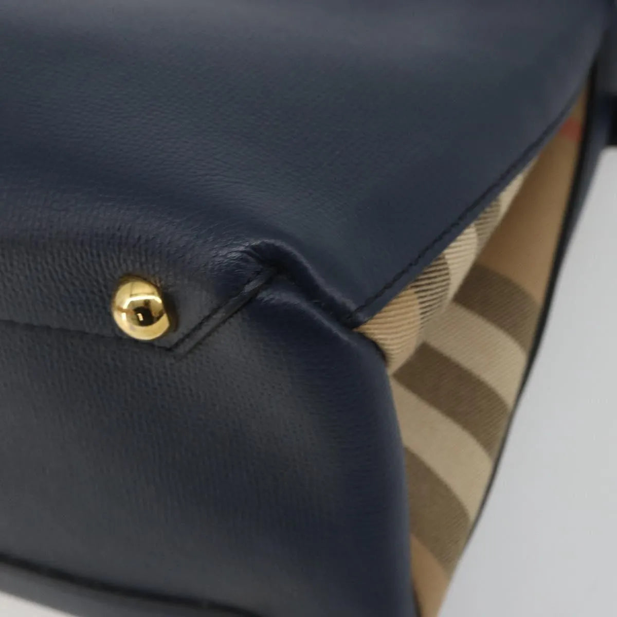 Burberry Banner Tote Leather And House Check Canvas Navy Leather Handbag (Pre-Owned)