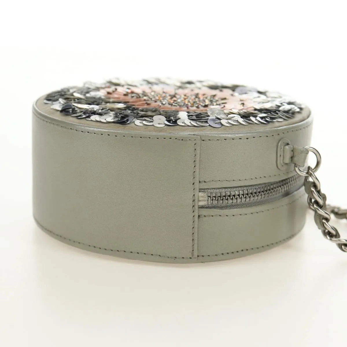 Chanel Round Clutch With Chain Sequins Gray Leather Clutche & Pouche Bag (Pre-Owned)