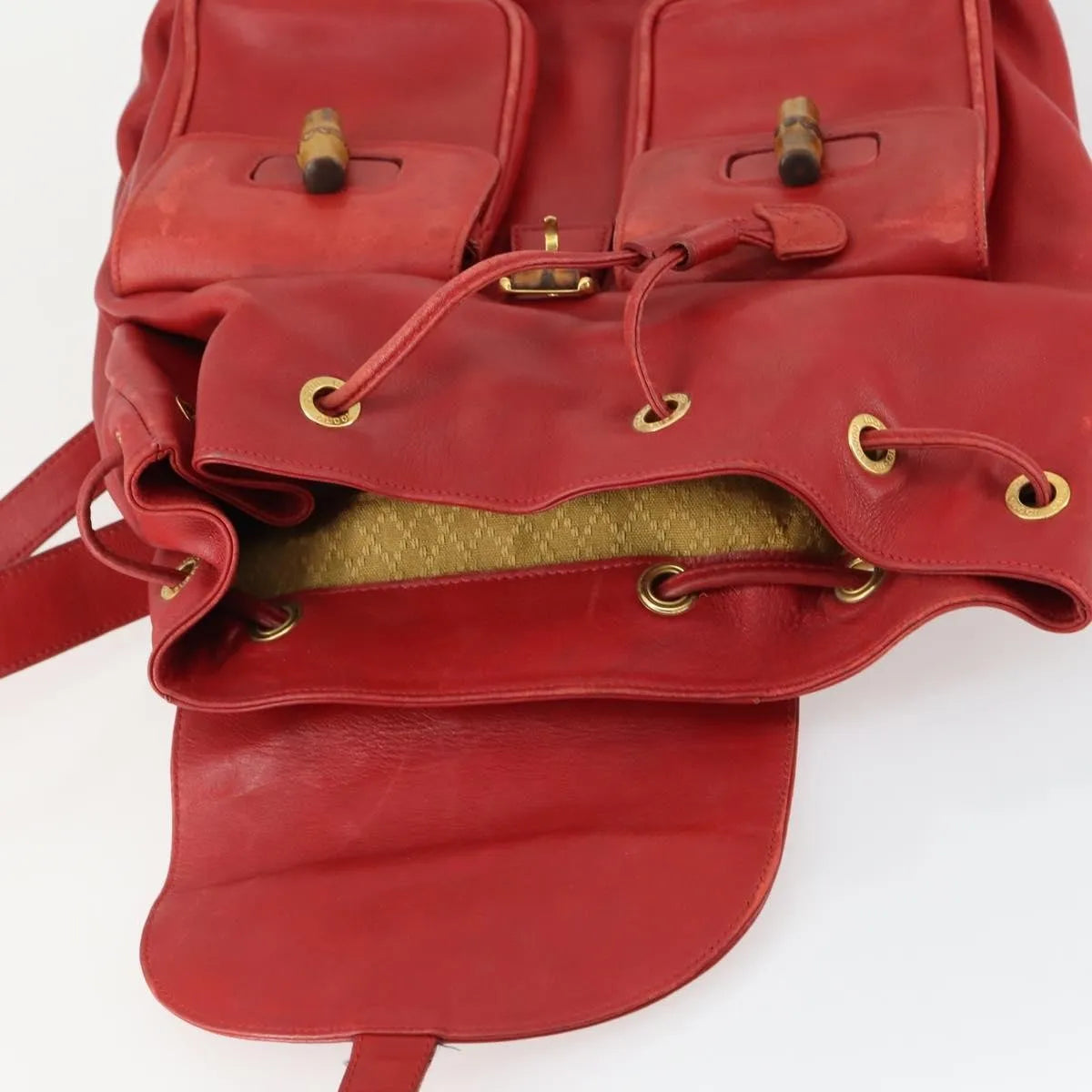 Gucci Vintage Bamboo Leather Red Leather Backpack Bag (Pre-Owned)