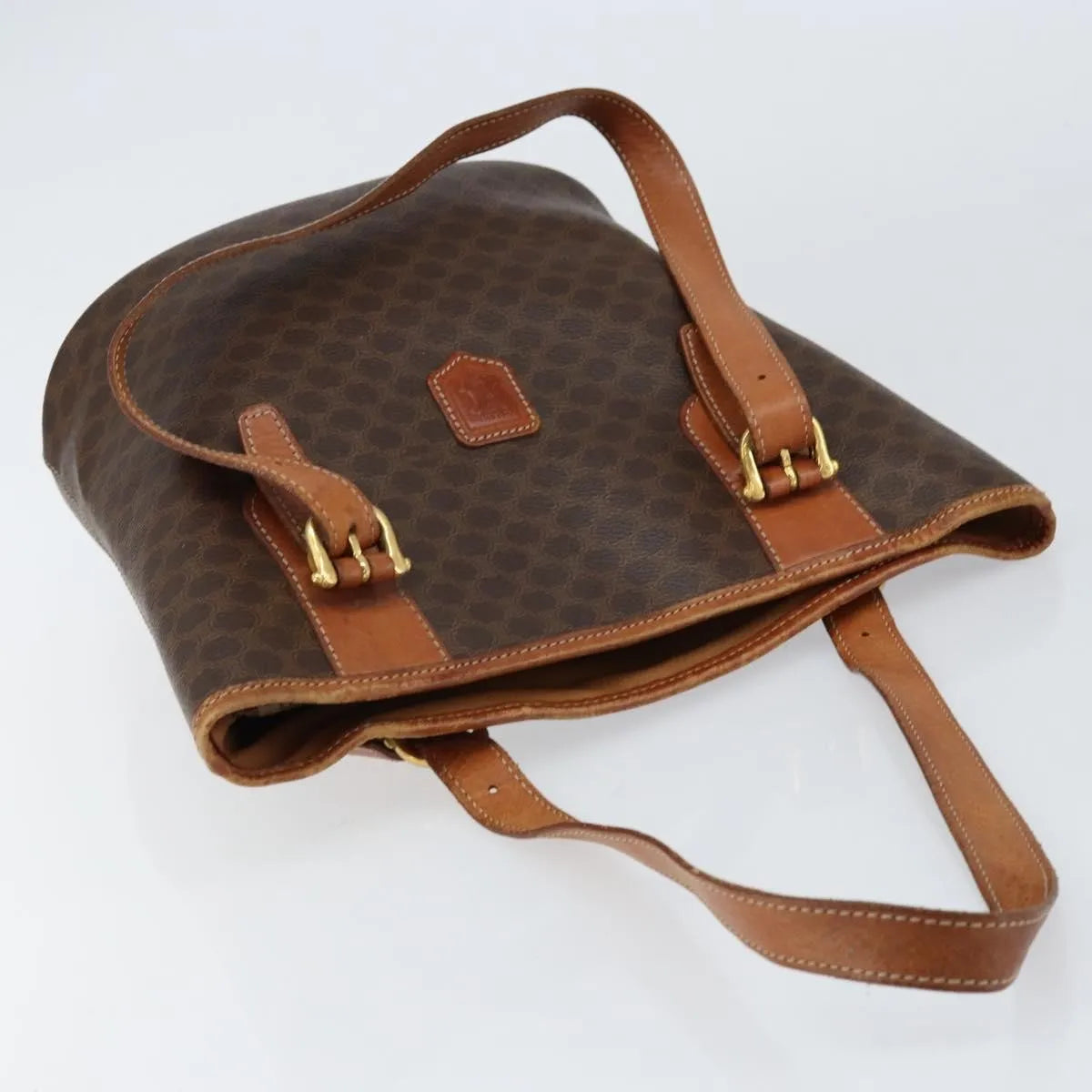 Celine Vintage Macadam Shopper Tote Canvas And Leather Brown Canvas Tote Bag Bag (Pre-Owned)