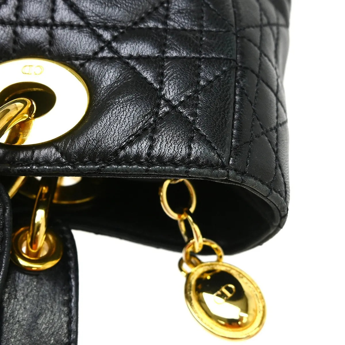 Christian Dior Lady Dior Cannage Quilt Lambskin Black Leather Handbag (Pre-Owned)