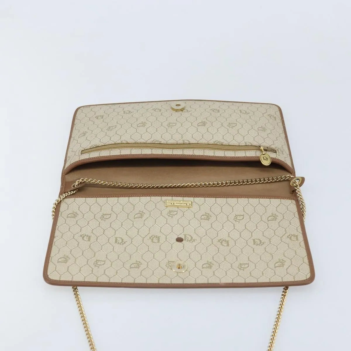 Christian Dior Vintage Honeycomb Chain Canvas Beige Canvas Shoulder Bag Bag (Pre-Owned)