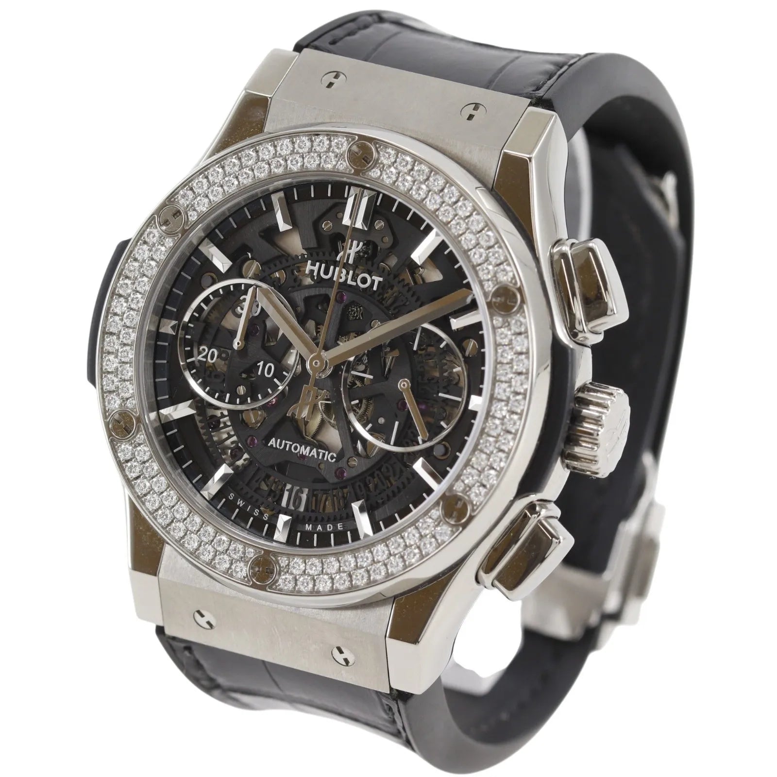 Hublot Classic Fusion Automatic Stainless Steel And Alligator With Rubber With Diamond Bezel Watch (Pre-Owned)