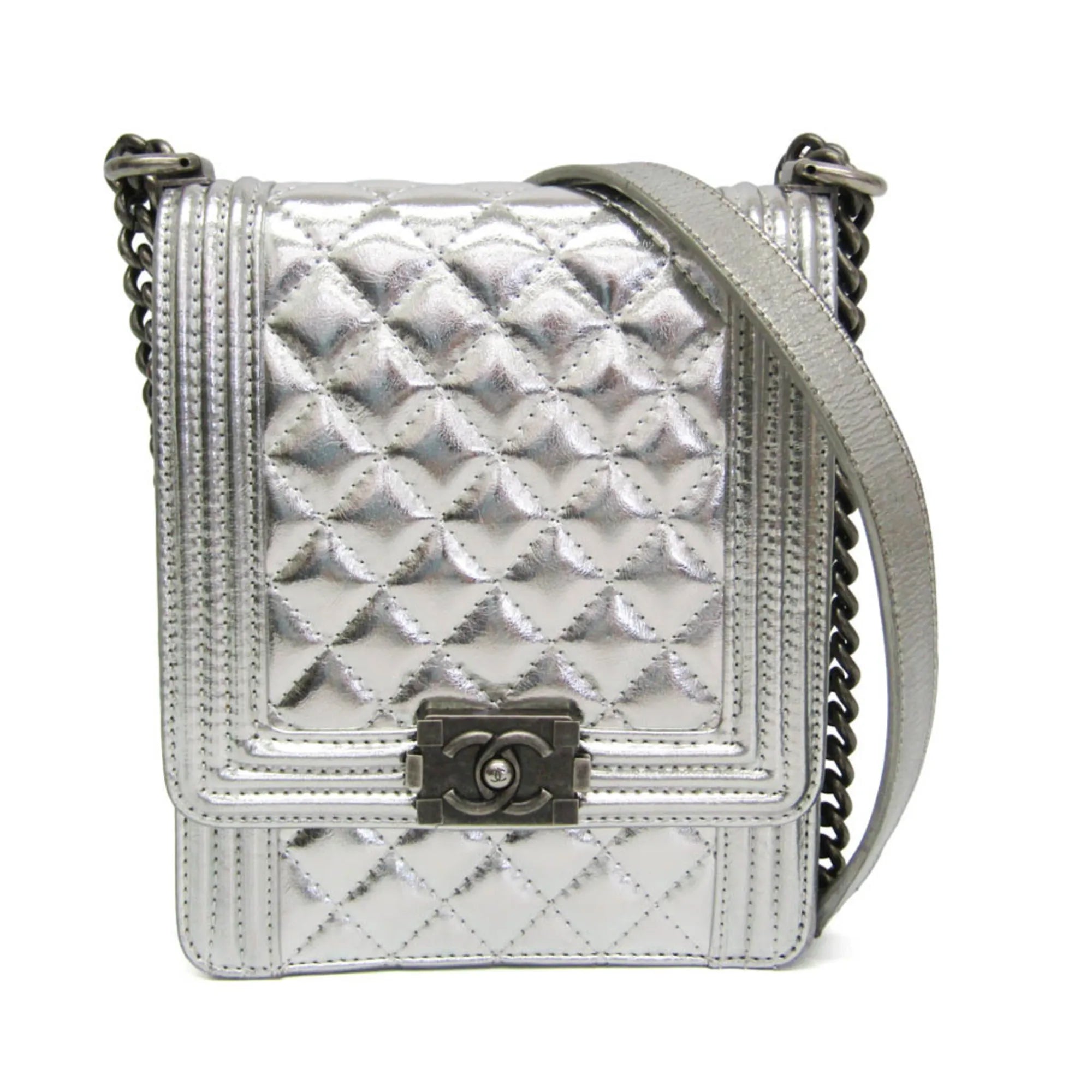 Chanel North South Boy Flap Quilted Metallic Calfskin Silver Leather Shoulder Bag Bag (Pre-Owned)