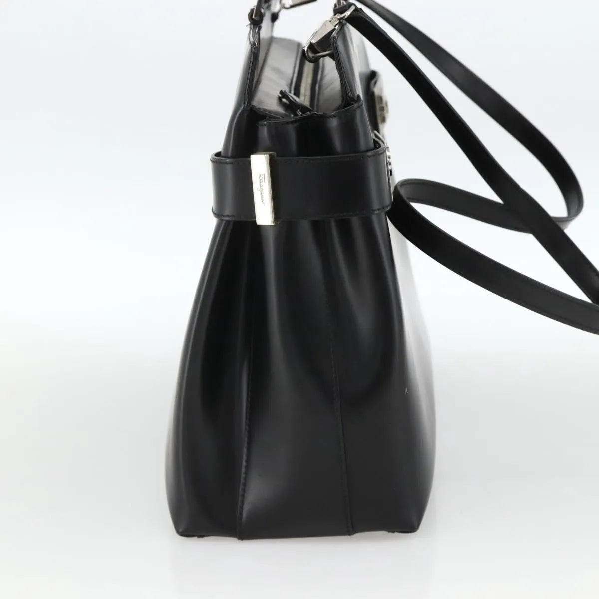 Salvatore Ferragamo Double Gancini Side Buckle Tote Leather Black Leather Handbag (Pre-Owned)