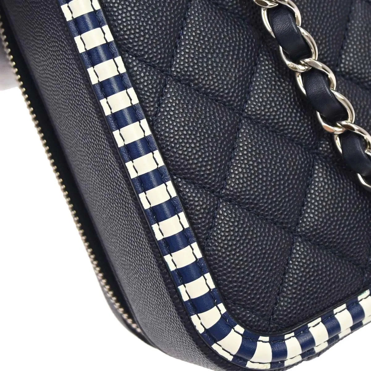 Chanel Filigree Vanity Case Quilted Caviar With Striped Leather Navy Leather Clutche & Pouche Bag (Pre-Owned)