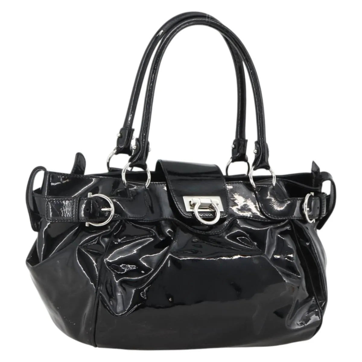Salvatore Ferragamo Gancini Patent Leather Black Patent_Leather Handbag (Pre-Owned)