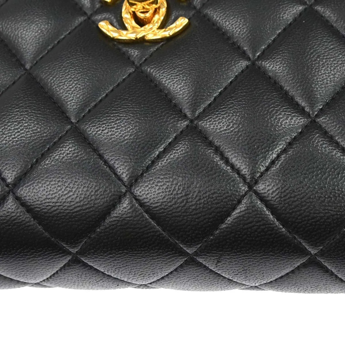Chanel Vintage Top Handle Flap Quilted Lambskin Black Calfskin Handbag (Pre-Owned)