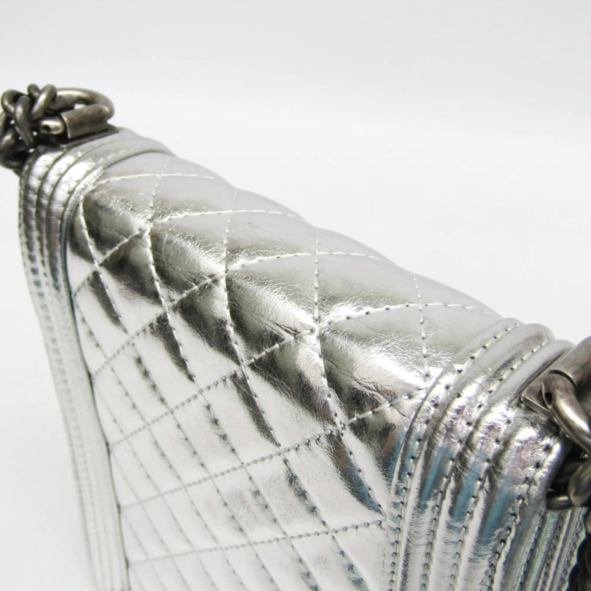 Chanel North South Boy Flap Quilted Metallic Calfskin Silver Leather Shoulder Bag Bag (Pre-Owned)