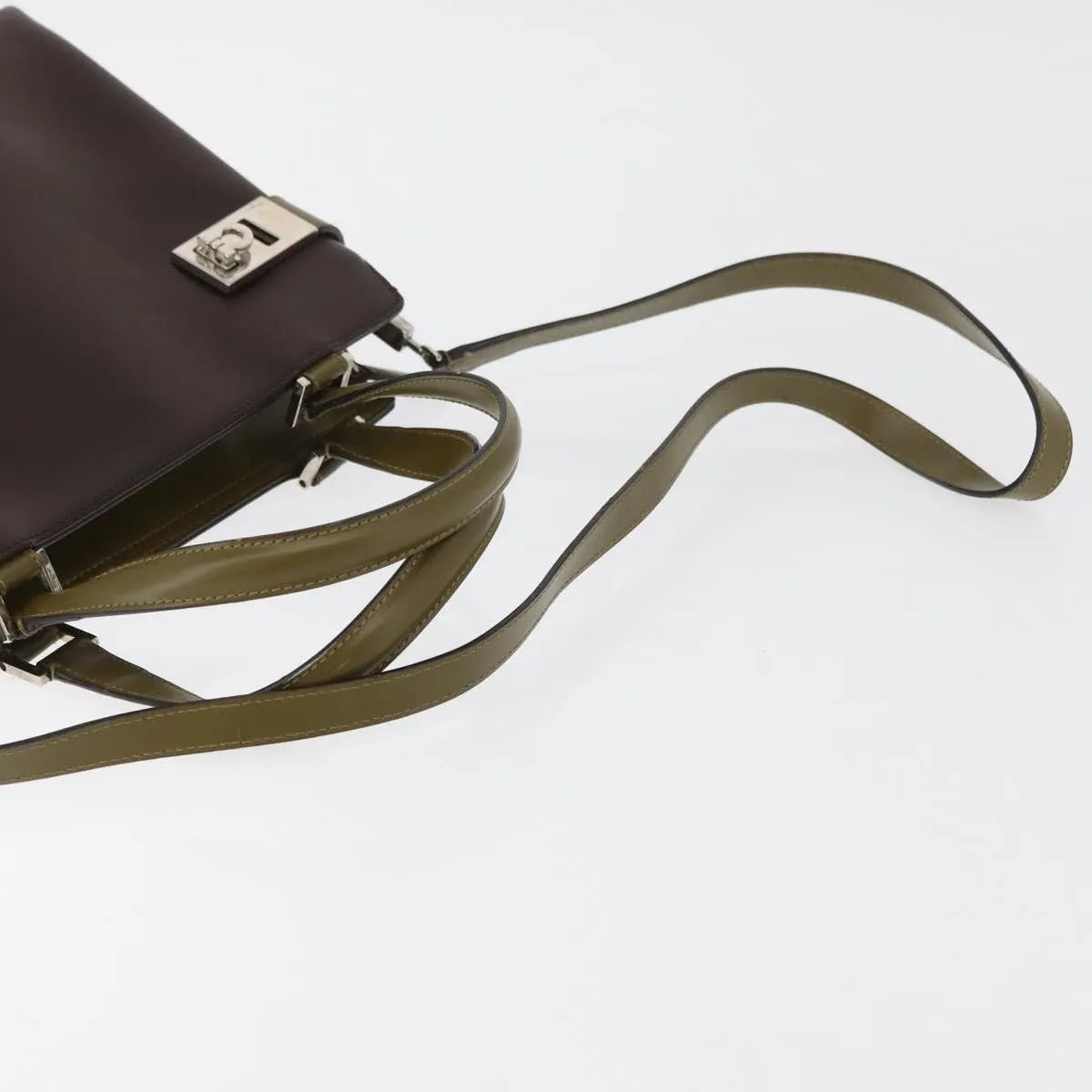 Salvatore Ferragamo Double Gancini Side Buckle Tote Patent Leather Brown Patent_Leather Handbag (Pre-Owned)